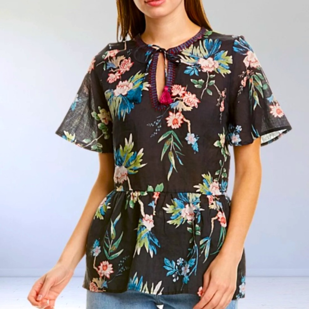 Johnny Was Black Multicolor Floral Blouse Top S
